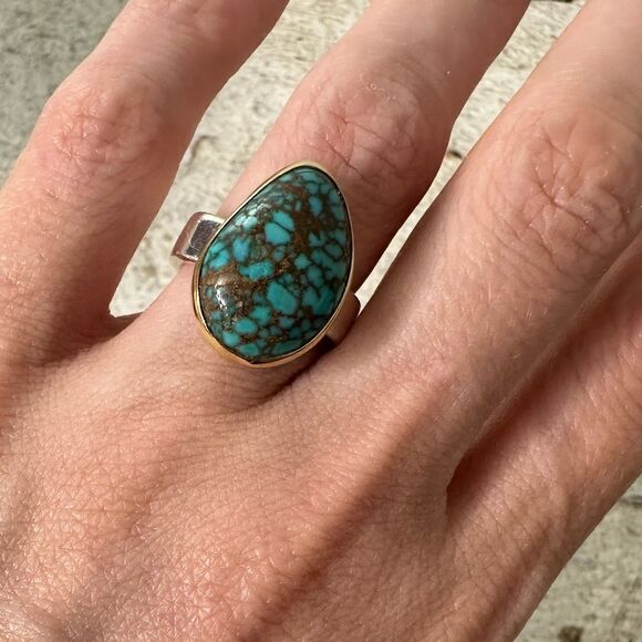Vintage 18k Sterling Mix Metal Turquoise Ring - Picture 3 of 9
